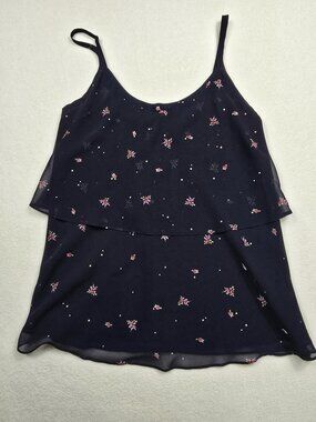Cabi 795 Navy Blue Floral Layered Sleeveless Tank Top S Tiered Blouse